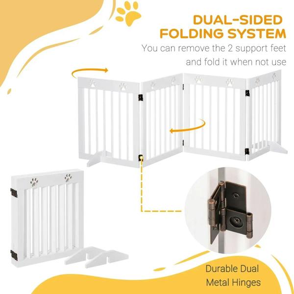 White folding pet gate showing dual-sided metal hinges and removable support feet