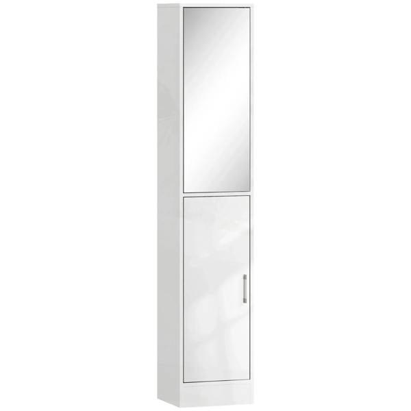 Glossy white tall bathroom cabinet with vertical mirror and single-door storage