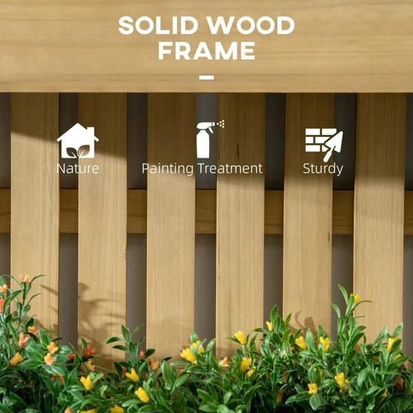Solid wood frame wall-mounted planter with vertical slats and green plants below