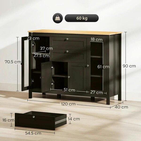 Modern Storage Cabinet, Sideboard with Oak Top, 4 Doors, 2 Drawers and 5 Adjustable Shelves, Black Brown