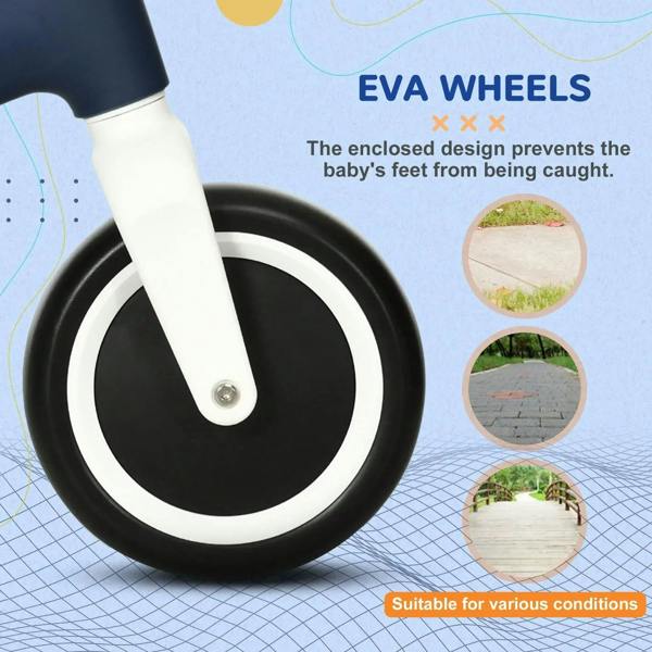 Blue balance bike with enclosed EVA-style wheels, close-up of front wheel