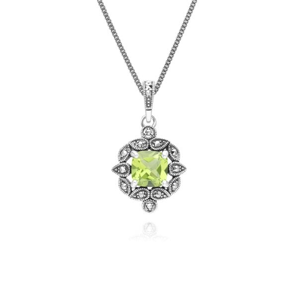 Gemondo Art Deco Style Cushion Peridot & Marcasite Pendant Necklace in Sterling Silver