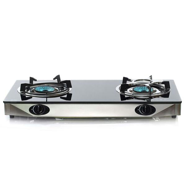 A black, freestanding gas stove with two burners and a tempered safety glass surface.