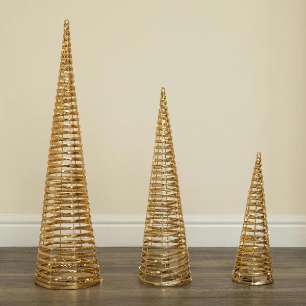 Samuel Alexander Set of 3 Light Up Gold Braid Christmas Cone Trees with Warm White LEDs