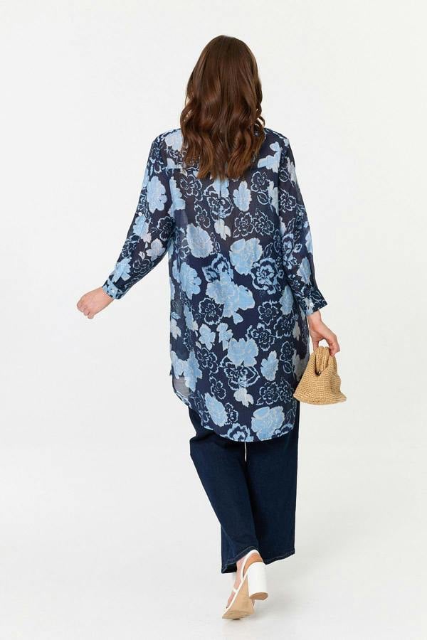 Navy | Floral Longline Long Sleeve Shirt
