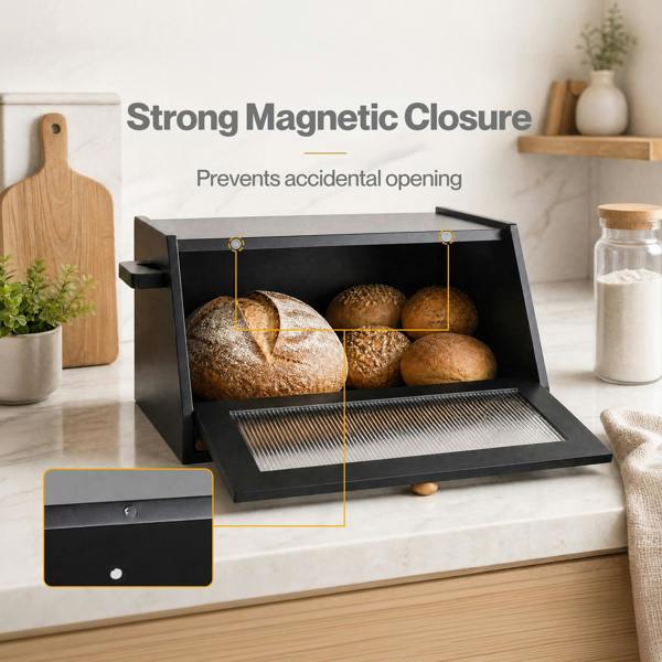 TOQUE Bread Box  Wooden Bread Bin 2-Tier Bamboo Bread Storage Holder Black