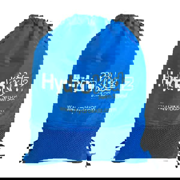Blue HydroKidz drawstring swim backpack with white logo, mesh bottom