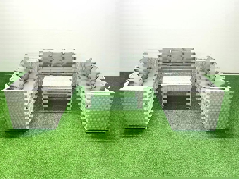 Fimous Rattan Garden Outdoor Furniture Set 9 Seater Garden Sofa Oblong Coffee Table Set with Side Table Light Grey Mixed