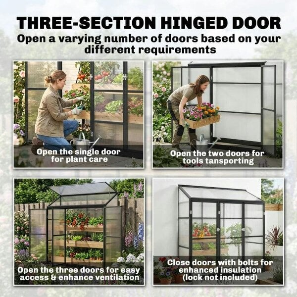 6 x 1.5ft Polycarbonate Greenhouse, Quick Setup, Lean-to Green House with 3 Hinged Doors, Top Vent, Black