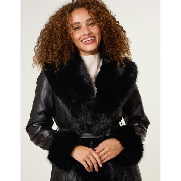 Blue Vanilla Faux Fur Trim Midi Coat