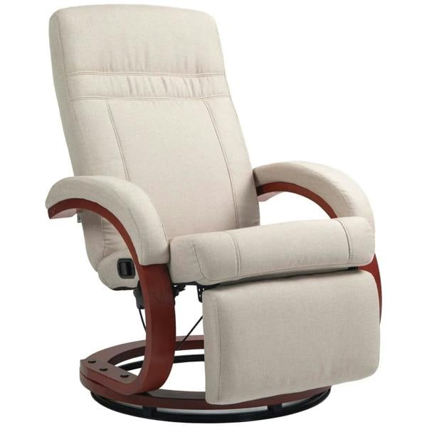 Beige manual reclining swivel chair with footrest and curved wooden base, padded arms