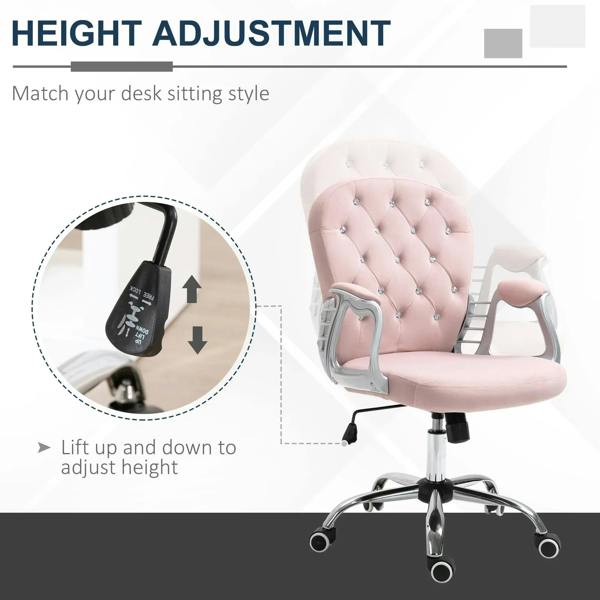 Pink velvet swivel office chair with height-adjust feature and chrome rolling base