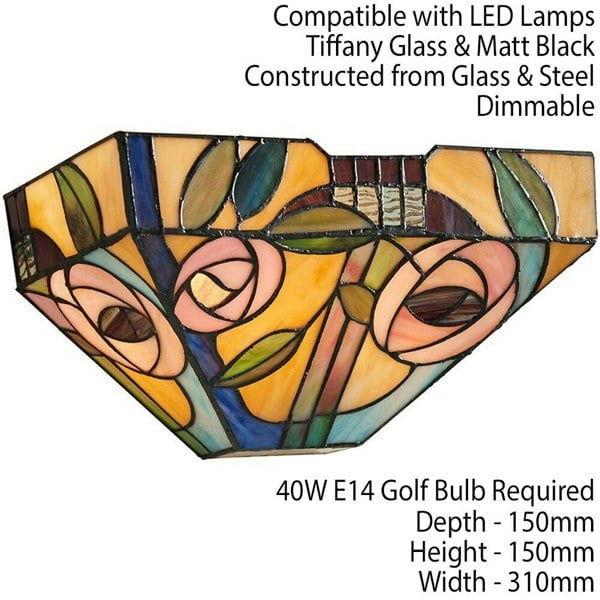 Tiffany Glass Wall Light Multi Colour Mackintosh Rose Shade Interior Sconce Loops