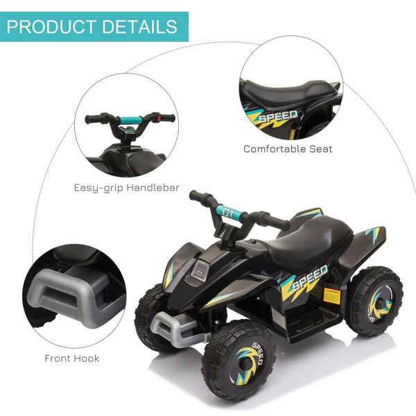 Black ride-on car features: comfortable seat, easy-grip handlebar, and front hook