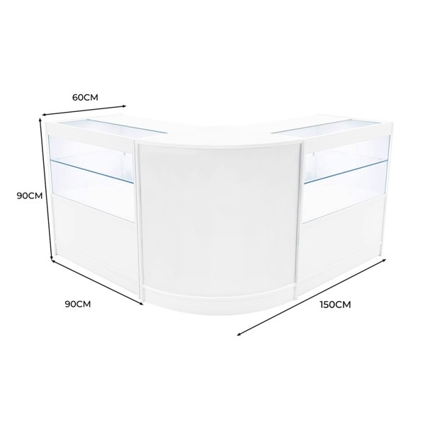Curved white LED shop counter set with glass display shelves, measuring 60cm x 150cm, ideal for retail environments