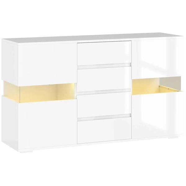 High-gloss white LED sideboard with doors, drawers, and LED-lit shelves