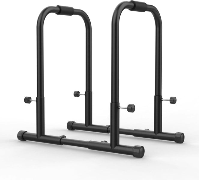 Large black parallettes push-up handles with sturdy metal construction, adjustable height, and non-slip rubber feet for stability