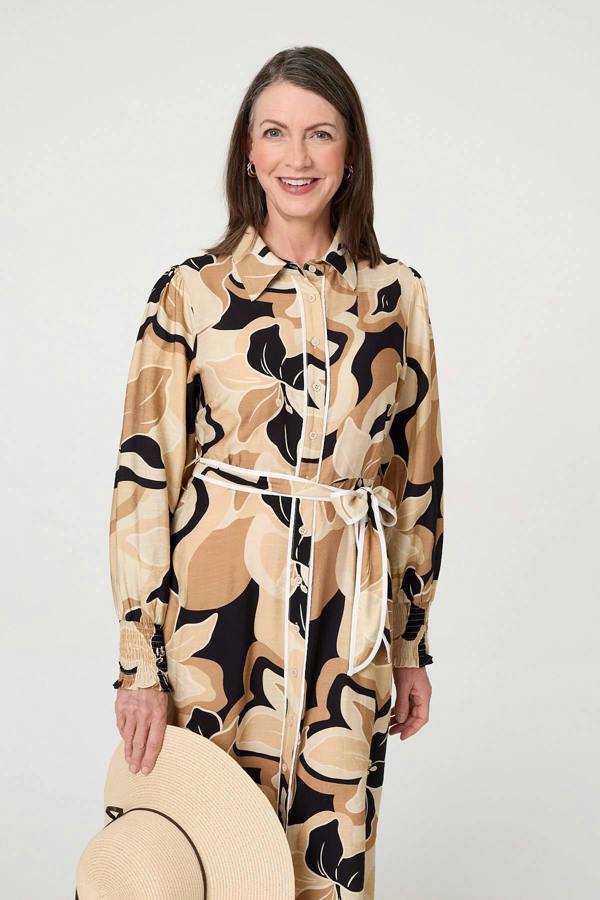 Beige | Abstract Floral Midi Shirt Dress