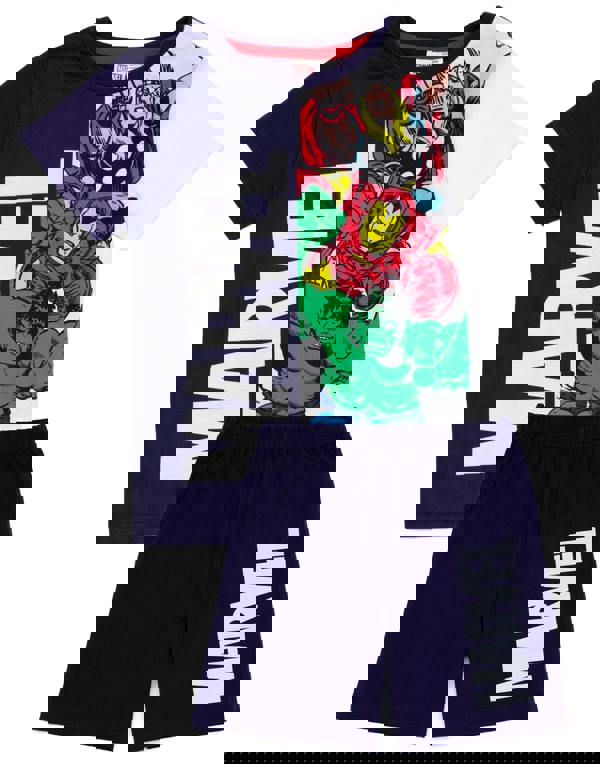 Disney Marvel Boys Blue Avengers Characters and Brand Logo Short Sleeve Short Leg Pyjama Set