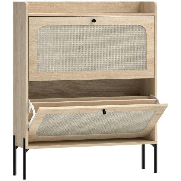 Bobobiy Shoe Cabinet with 2 Flip Drawers, Boho Narrow Shoe Storage Cabinet, Oak