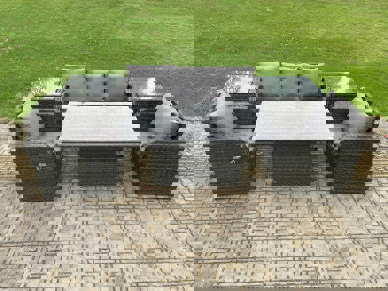 Fimous Outdoor Rattan Furniture Garden Dining Sets Height Adjustable Rising lifting Table Sofa Set With Chairs Side Tables