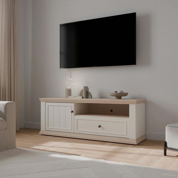 Furniture To Go Pontypool TV Unit with Drawer & Open Shelf in White and Riva Oak