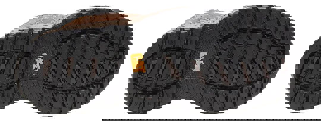 Caterpillar Pelton Mens Steel Toe/Midsole Safety Pull On Dealer Boots, underside view showing durable black rubber sole with tread pattern and yellow Caterpillar logo.