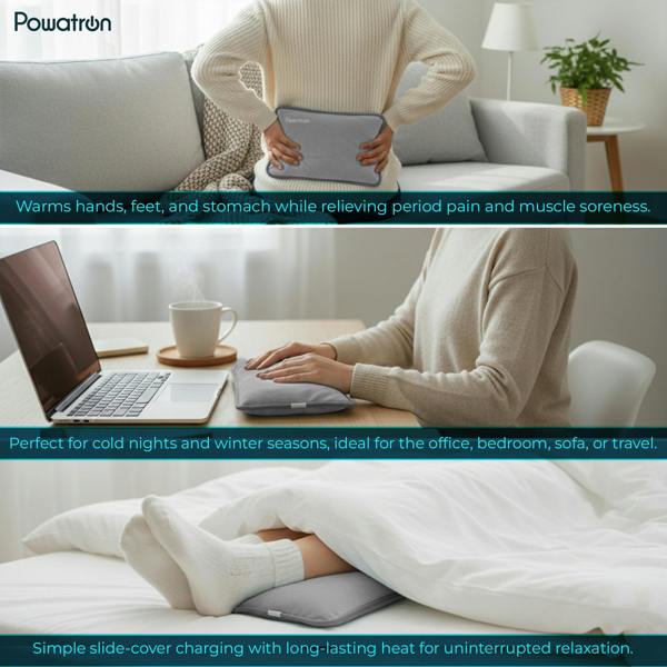 Powatron Rechargeable Electric Hot Water Bottle - Soft & Cosy Hand Body Warmer, Massaging Heat Pad, Over-Heat Protection