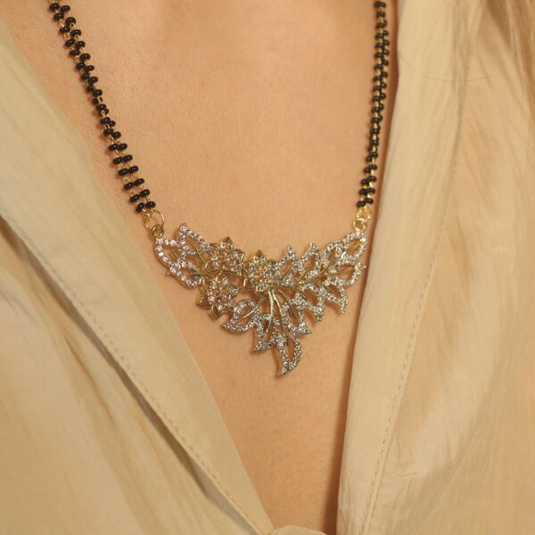 The Colourful Aura Indian Nazaria Silver Floral Zircon Mangalsutra Black Beads Earring and Pendant Necklace