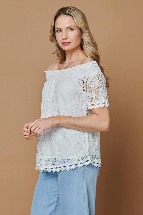 White | Floral Lace Embroidered Bardot Blouse