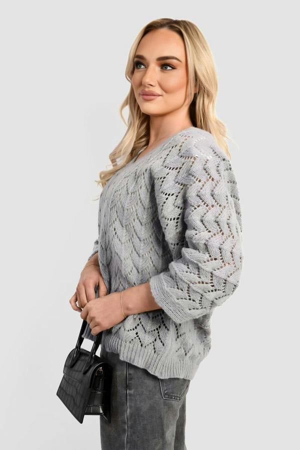 Eliza Half Sleeve Chunky Cable Knit Jumper - Grey