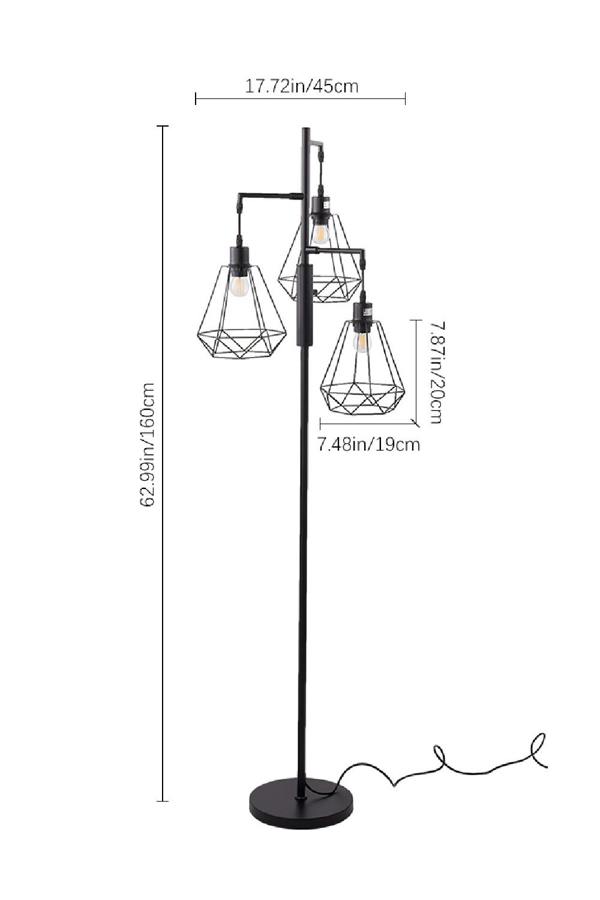 Living and Home Modern Industrial Black 3-Head Floor Lamp with Diamond Cage Shade