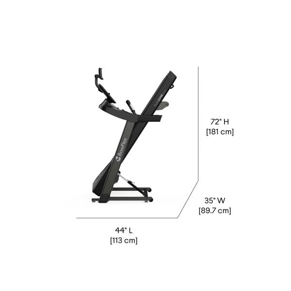 folded bowflex t6 treadmill with dimensions labeled on a white background