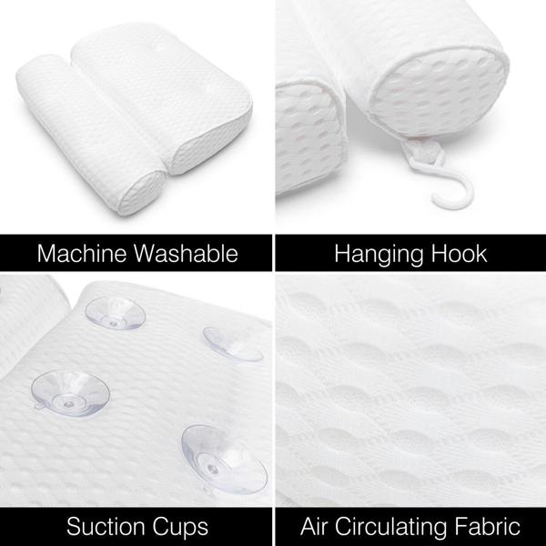 Collage of the Rio Luxury Bath Spa Pillow in four panels, highlighting its machine washability, handy hanging hook, secure suction cups on the back, and close-up of its breathable textured fabric.