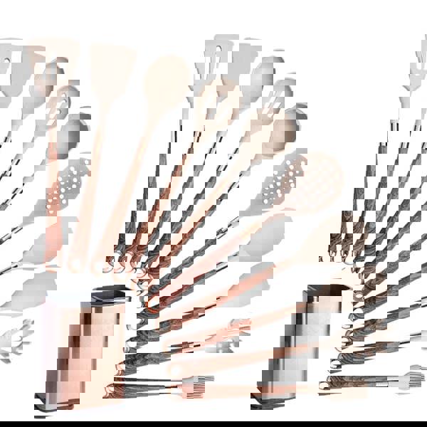 Anygleam Nonstick Kitchen Utensils Set Brown 10pcs Gold Plated Handle with Support Storage Box Heat Resistant Cooking Tools Accessories