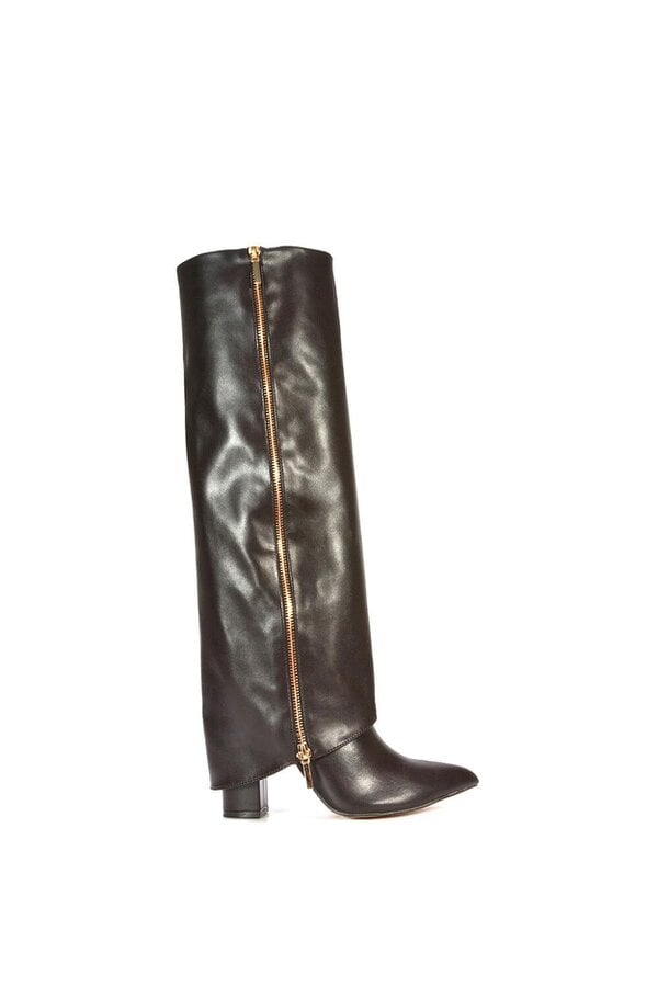 XY LONDON Knee High Boots Fold Over Point Toe Deco Zip - Brown
