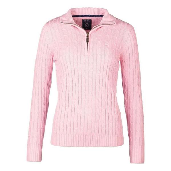 Rydale Emma Quarter Zip Cable Knitwear in Soft Pink with classic cable knit pattern and ribbed collar