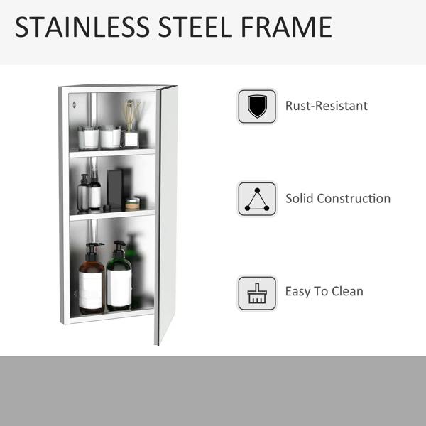 Stainless steel frame mirrored cabinet with interior shelves, rust-resistant design