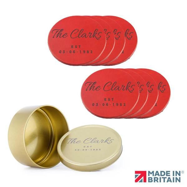 PRIMEHIDE Leather Coasters Set of 8 with Gold Tin – Handmade in the UK