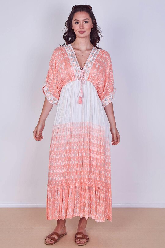 Boho Embroidered Maxi Dress with Tassel Tie – One Size (UK 8–14)