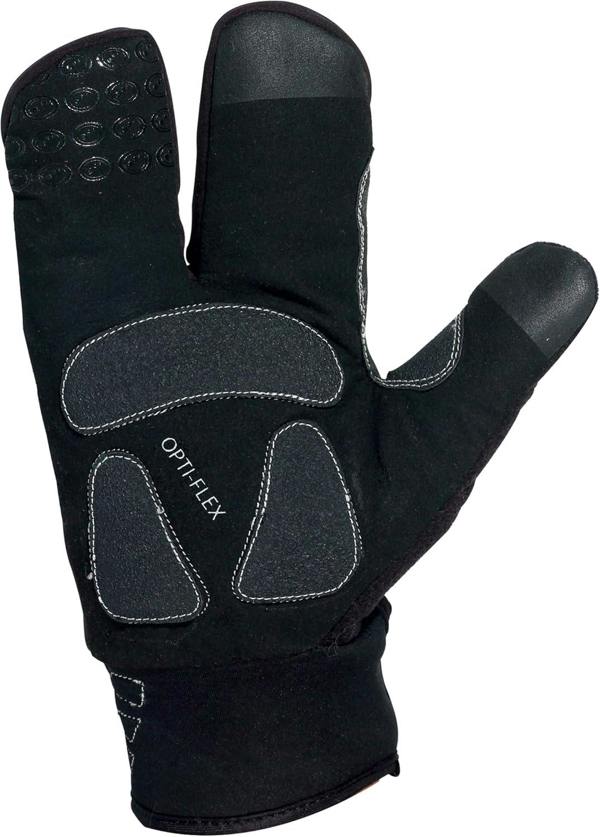 Black three-finger lobster winter glove, palm view with grey Opti-Flex padding, on white - Optimum