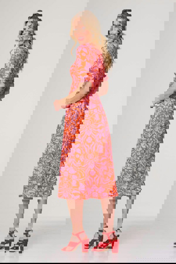 Orange | Floral Smocked Detail Midi Dress