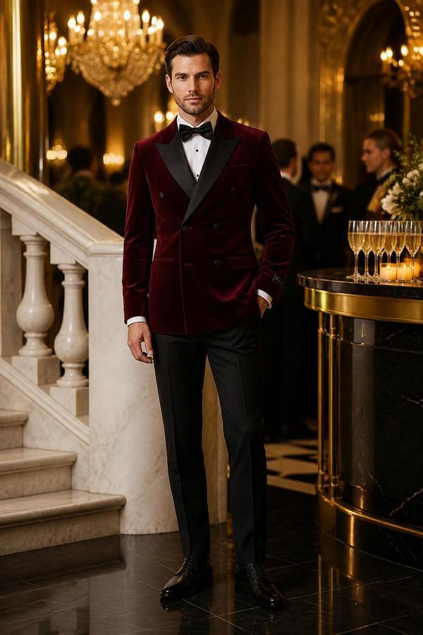 Pamoni Burgundy Double Breasted Velvet Tuxedo Blazer