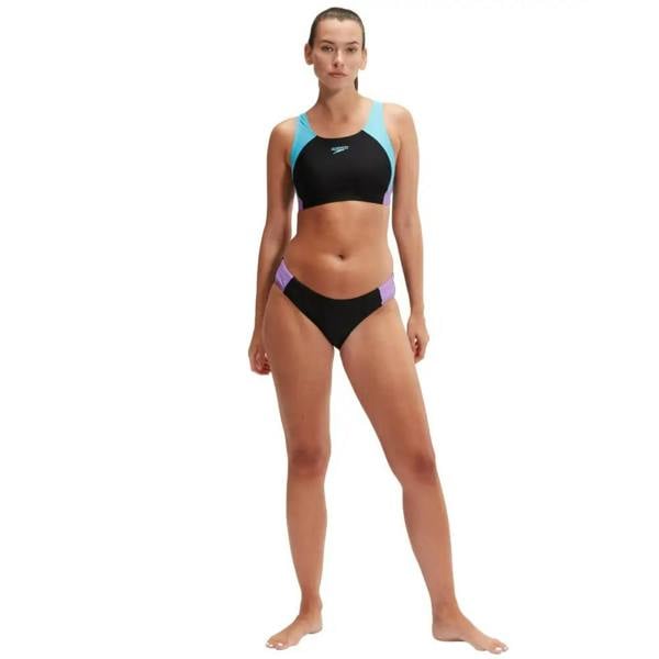 Black and teal Speedo colourblock splice muscleback bikini with purple accents