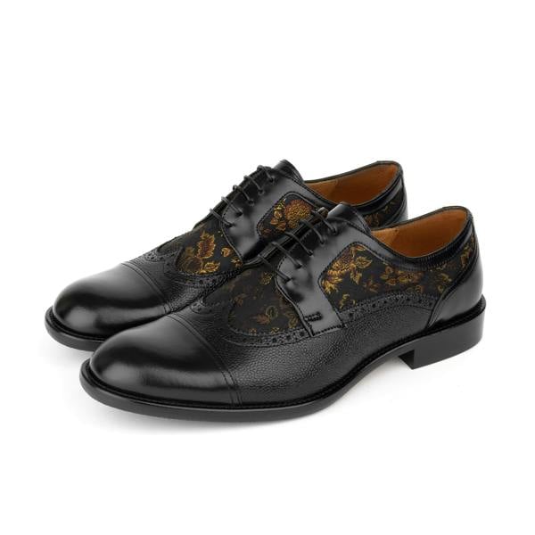 Embassy London Orlando - Black & Yellow Flowers - Men's toe cap dressy black shoe with flower print leather