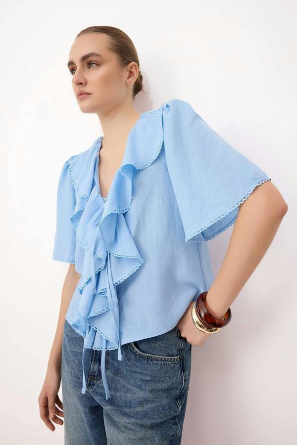 WOVCOR V Neck Tie Front Frill Detail Long Sleeve Blouse