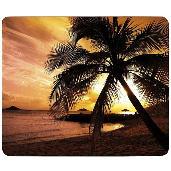 Mouse mat with a vivid sunset beach scene featuring silhouetted palm trees and calm ocean waves.