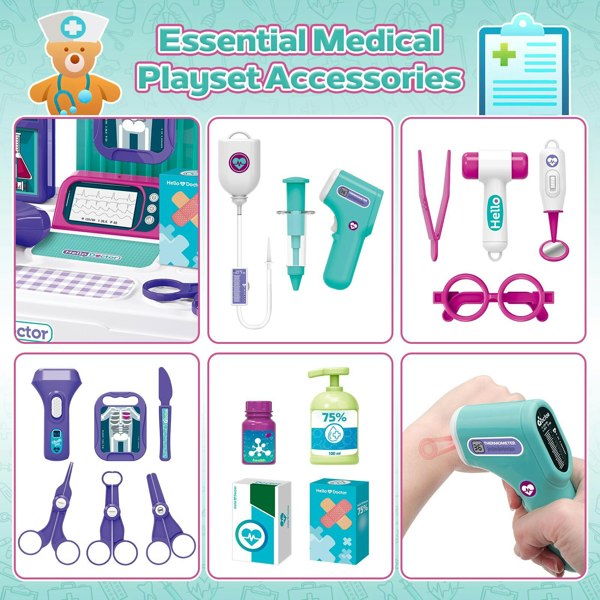 deAO Toys Interactive Doctor Playset with Medical Trolley Cart Pretend Medical Tool Box Play Toy