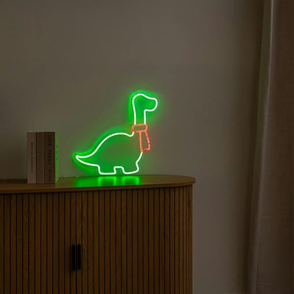 Samuel Alexander 43cm Light up Green & Red Neon Dinosaur Christmas Light with Scarf & Stand