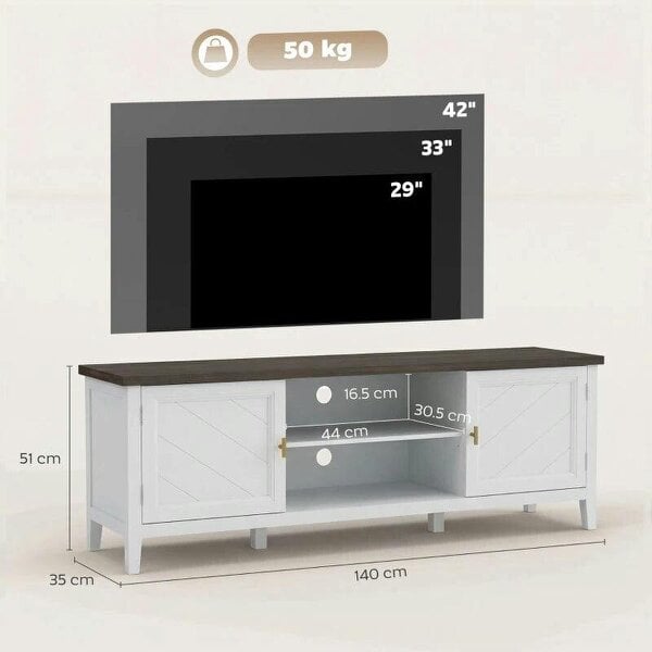 TV Unit for TVs up to 42 Inch, Farmhouse Entertainment Centre with 2 Open Shelves, 2 Cabinets and Thick Top